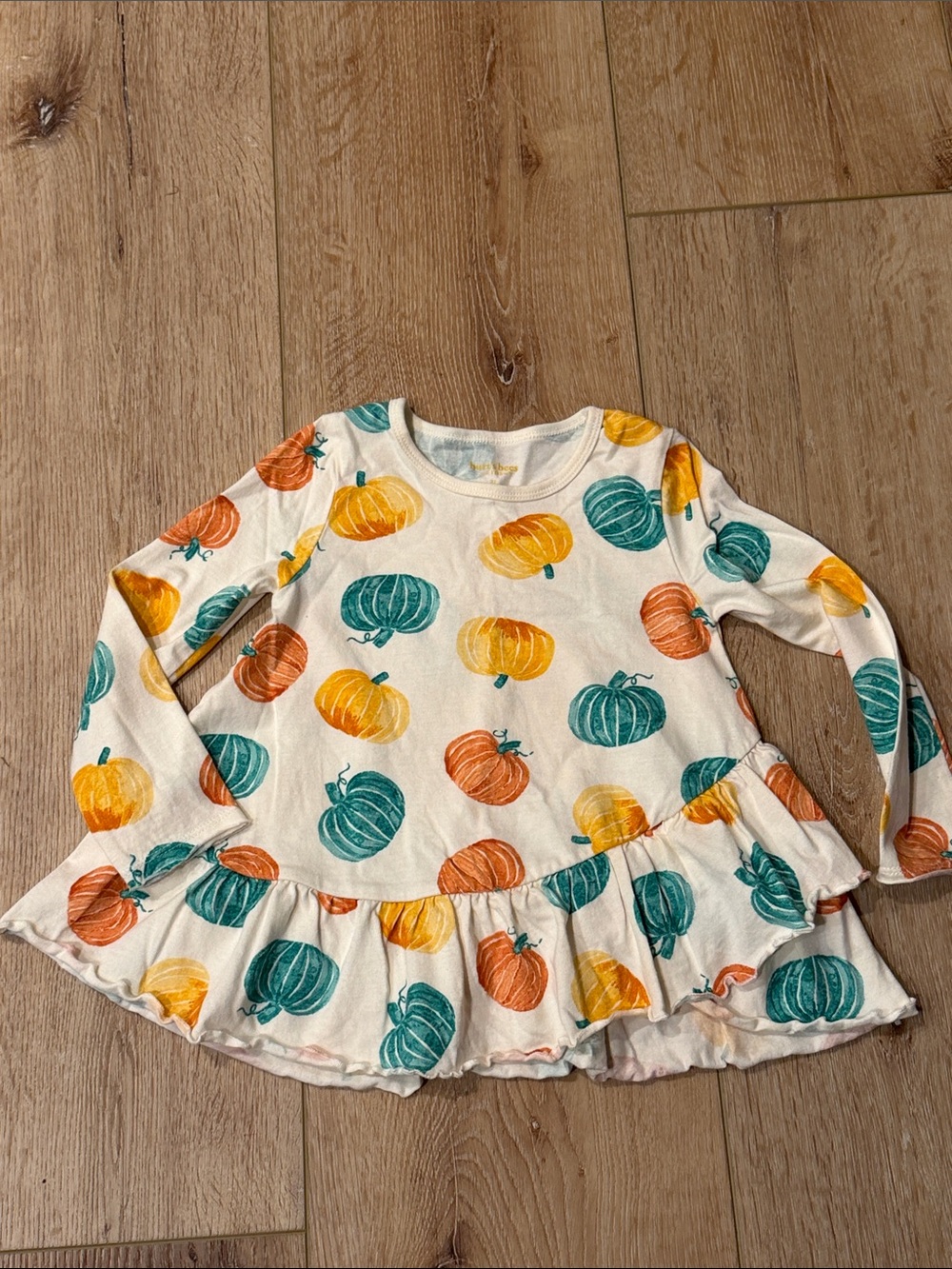 Burts Bee | Long-Sleeve Ruffle Hem Pumpkin Top |White/Orange/Teal Pumpkins | 2T